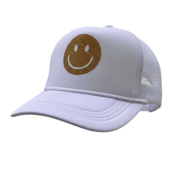 Accessories - White Trucker Hat with Gold Smiley Face